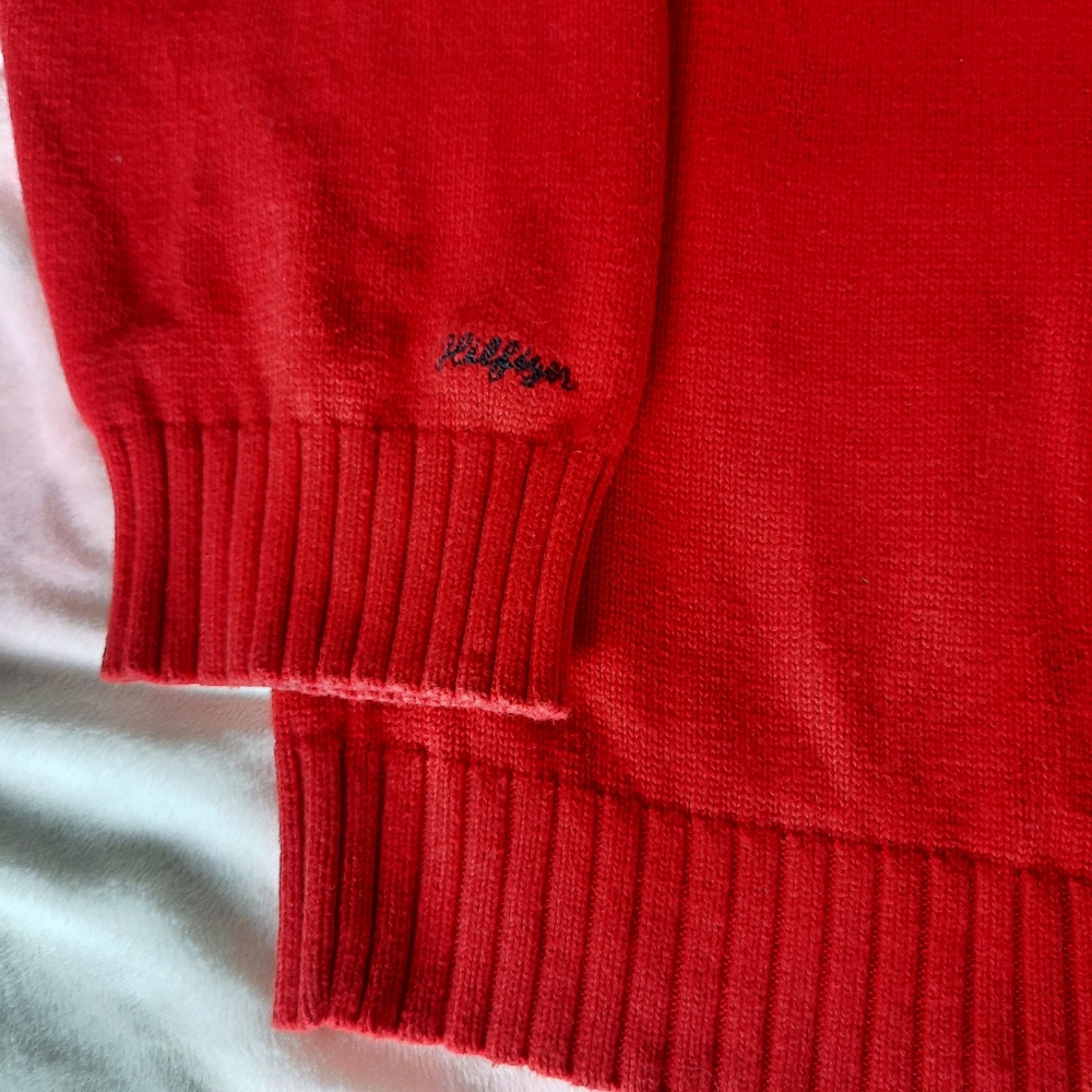 Tommy Hilfiger Chunky Red Sweater Flag Logo Mens Size Large Retro 90s - Picture 10 of 14